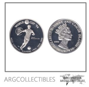 Islas Turk y Caicos Moneda 20 Crown 1993 Plata 925 Mundial Futbol USA 94 KM-98 Proof