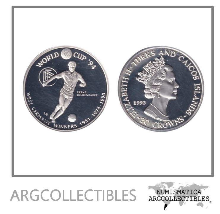 Islas Turk y Caicos Moneda 20 Crown 1993 Plata 925 Mundial Futbol USA 94 KM-98 Proof