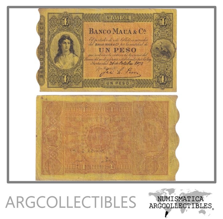Uruguay Billete 1 Peso 1875 Banco Maua P-S-303 VF+