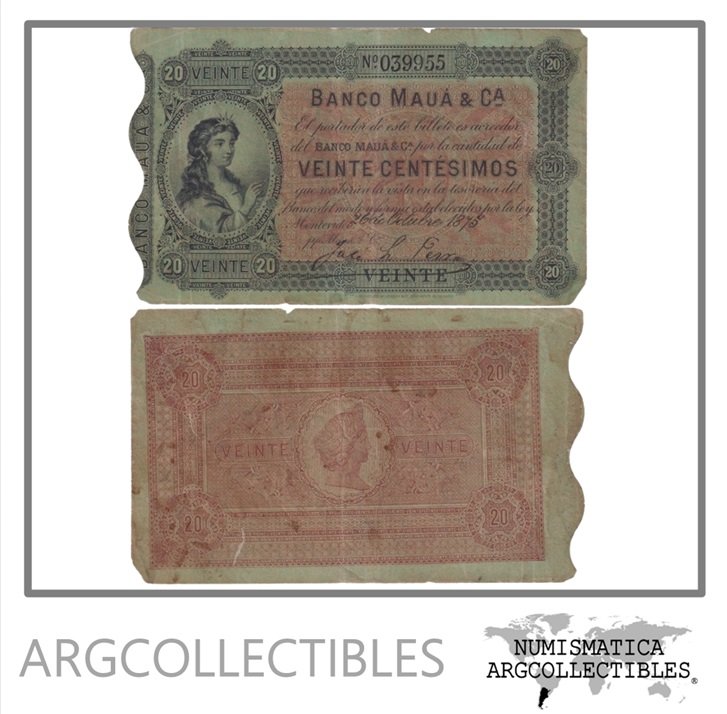 Uruguay Billete 20 Centesimos 1875 P-S-301 VF (Banco Maua)