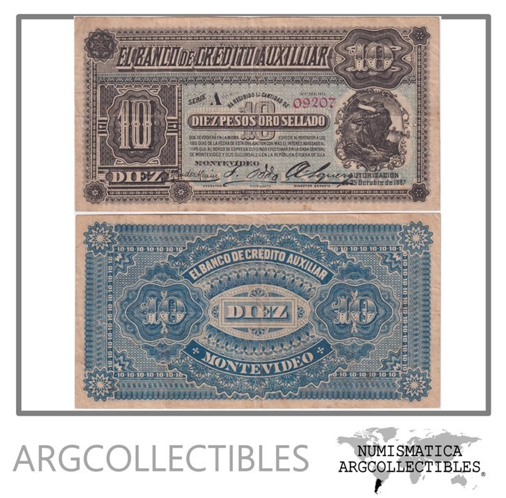 Uruguay Billete 10 Pesos Oro 1887 P-S-163 VF (Banco Credito Auxiliar)