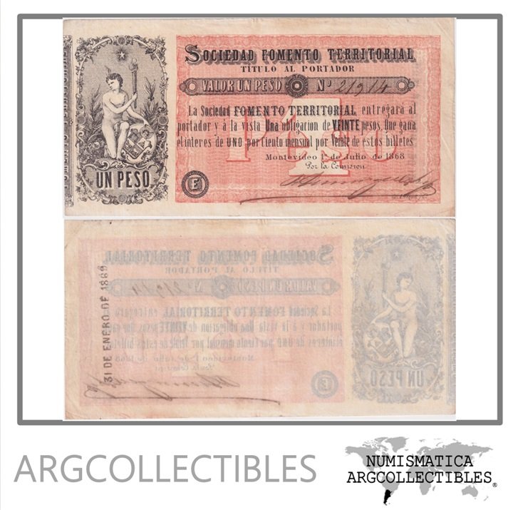 Uruguay Billete 1 Peso 1868 Sociedad Fomento P-S-480 XF+