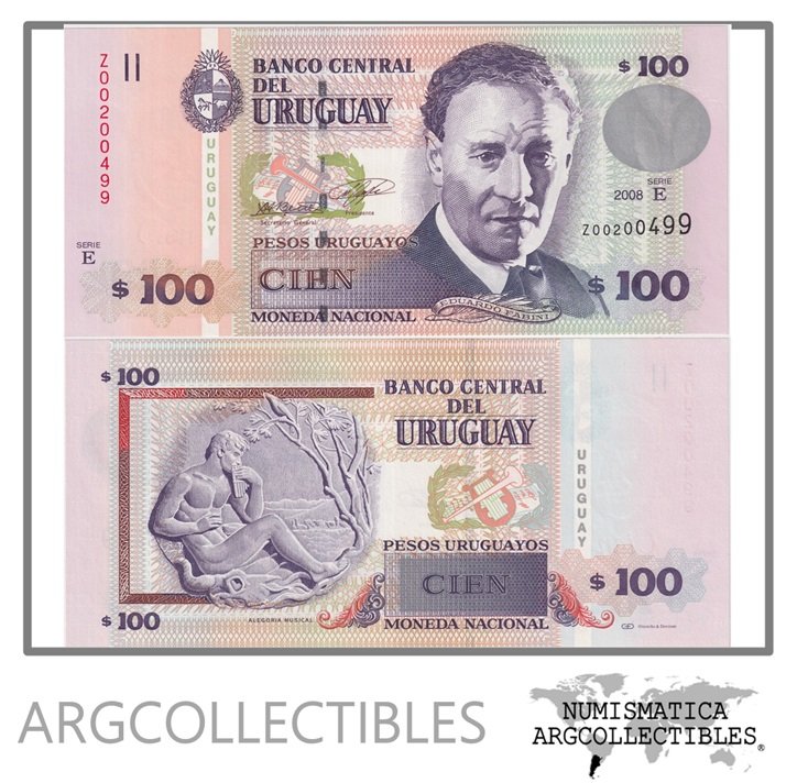 Uruguay Billete 100 Pesos 2008 P-88a UNC (Reposicion) (Serie E)