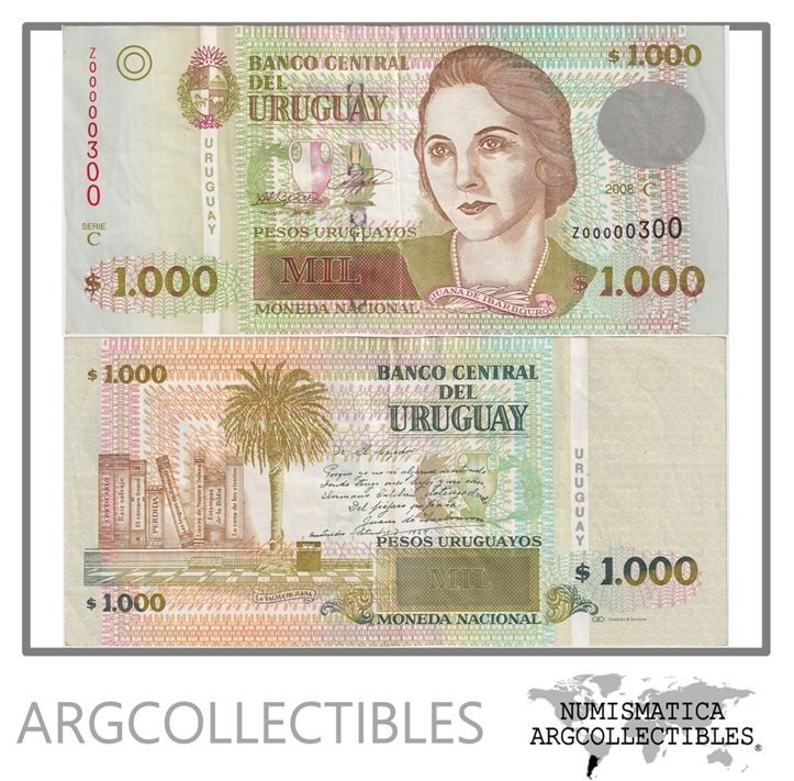 Uruguay Billete 1.000 Pesos 2008 P-91b XF (Reposicion) (Serie C) (Numero Bajo)