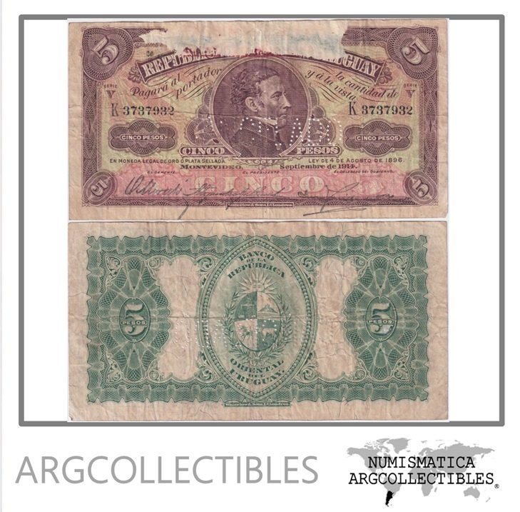 Uruguay Billete 5 Pesos 1914 P-10 F+ (Cancelado)