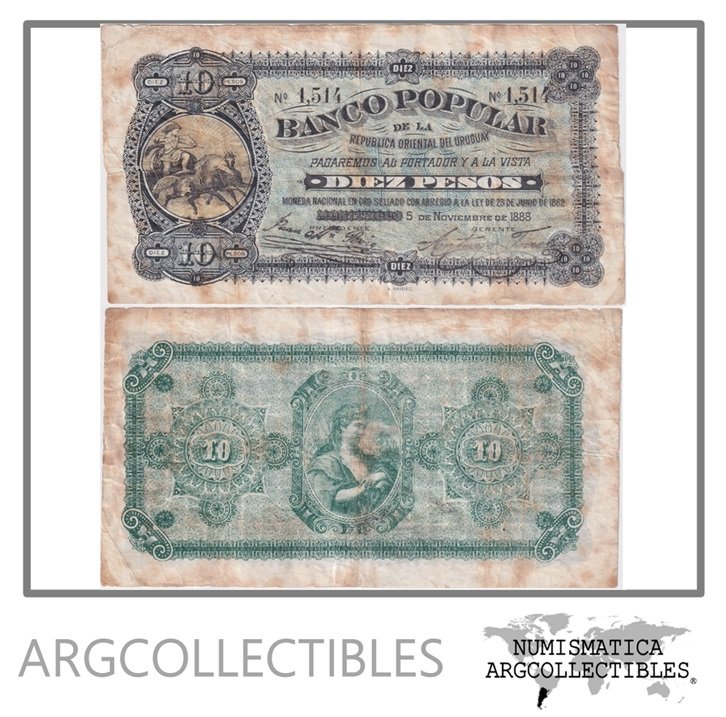 Uruguay Billete 10 Pesos 1888 P-S-395 VF (Banco Popular)