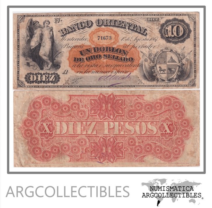Uruguay Billete 10 Pesos 1867 P-S-385 VF+ (Banco Oriental)