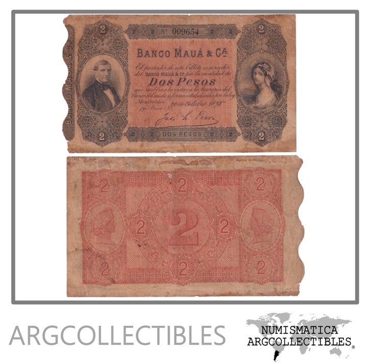 Uruguay Billete 2 Pesos 1875 P-S-304 VF (Banco Maua)