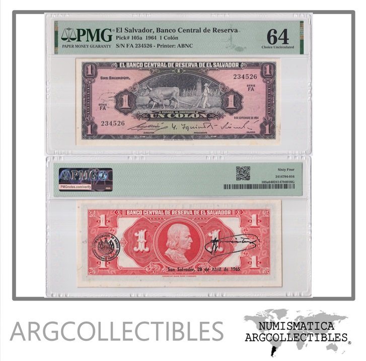 El Salvador Billete 1 Colon 1964 P-105a UNC (Certificado)