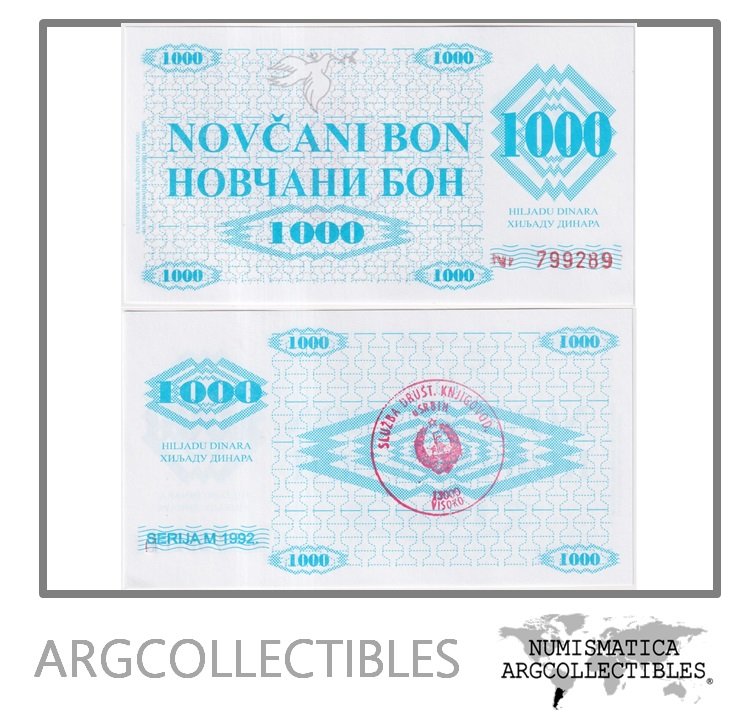 Bosnia y Herzegovina Billete 1.000 Dinara 1992 P-8 UNC