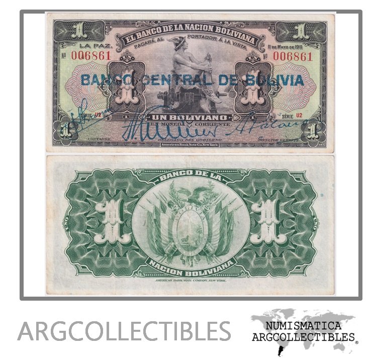 Bolivia Billete 1 Boliviano 1929 P-112 XF (Sello Azul)