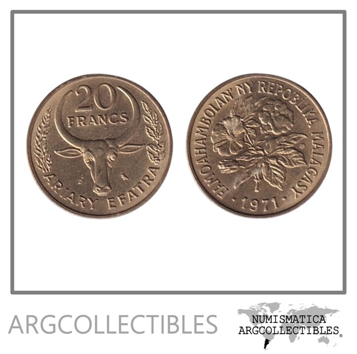 Madagascar Moneda 20 Francos 1971 FAO Laton KM-12 UNC