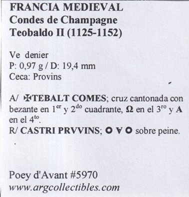 Francia Medieval Moneda Ve denier Condes de Champagne Teobaldo II (1125-1152) Poey d´Avant#5970 - Imagen 2