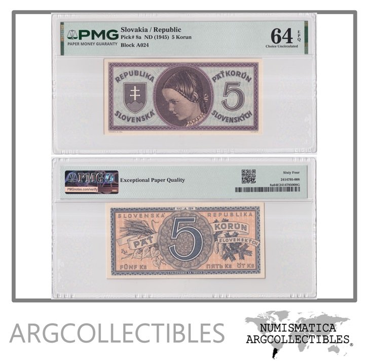 Eslovaquia Billete 5 Korun 1945 P-8a UNC (Certificado)
