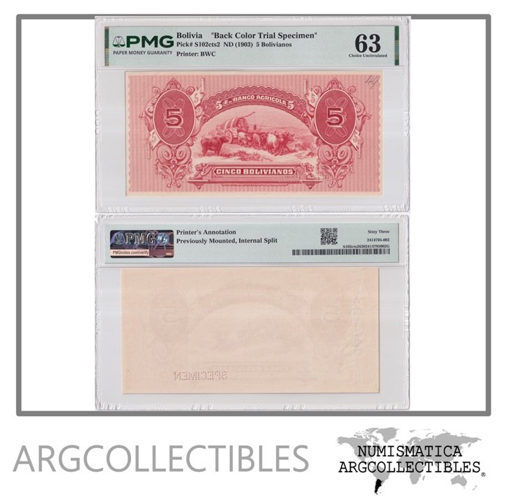 Bolivia Billete 5 Bolivianos 1903 P-S-102 Banco Agricola UNC (Certificado)