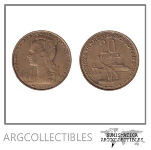 Somalia Francesa Moneda 20 Francos 1952 Bronce KM-7 VF+