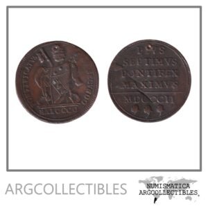 Vaticano Moneda 1 Baiocco 1802 Papa Pio VII Cobre KM-1267 VF (Reparada)