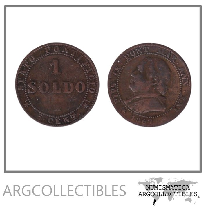 Vaticano Moneda 1 Soldo / 5 Centavos 1867 R Cobre KM-1372.2 VF