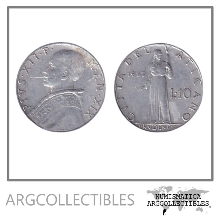 Vaticano Moneda 10 Liras 1957 Papa Pio XII Acero KM-52 AU