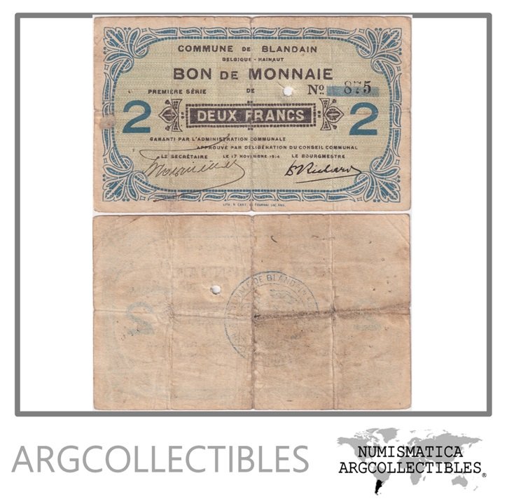 Belgica Billete 2 Francos 1914 Notgeld Commune de Blandain VF