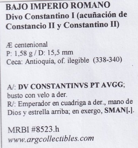 Bajo Imperio Romano Moneda AE Centenional 338-340 Divo Constancio I, MRBI-8523.h - Imagen 2