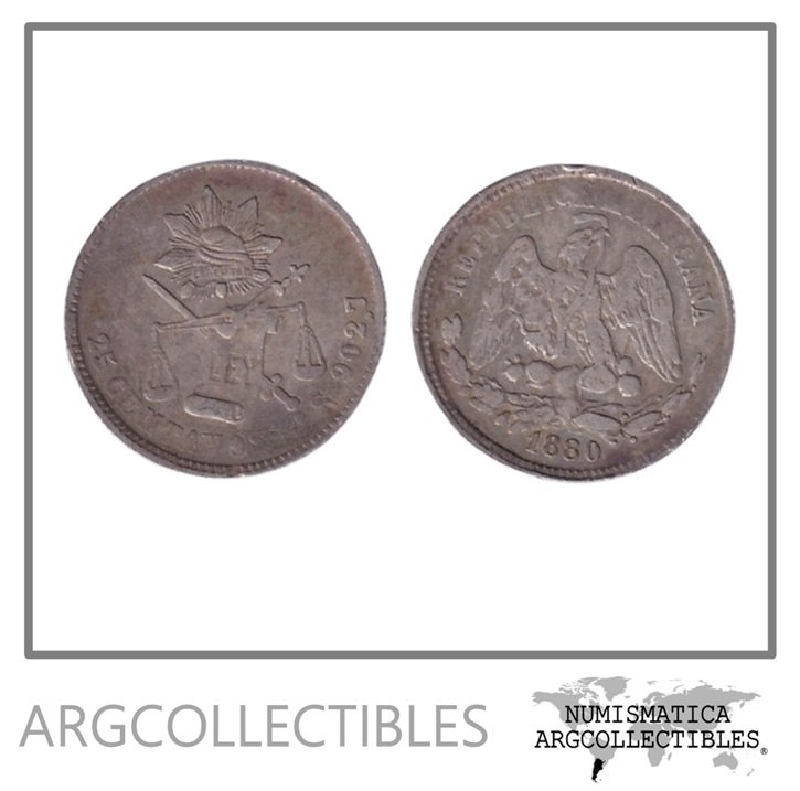 Mexico Moneda 25 Centavos 1880 Go S Plata 903 KM-406.5 VF Ceca Guanajuato