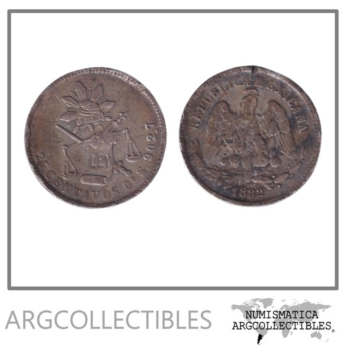 Mexico Moneda 25 Centavos 1882 Go S Plata 903 KM-406.5 VF Ceca Guanajuato