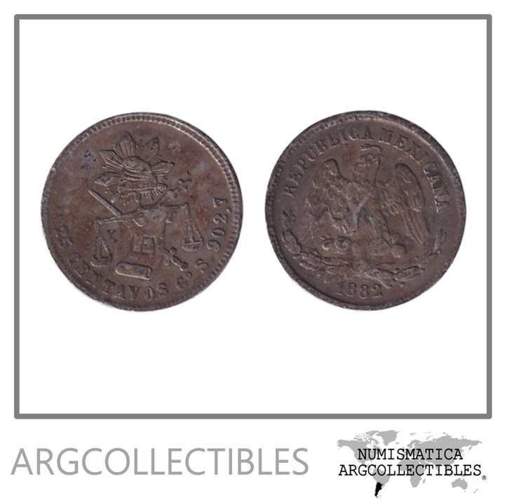 Mexico Moneda 25 Centavos 1882 Go S Plata 903 KM-406.5 VF+ Ceca Guanajuato