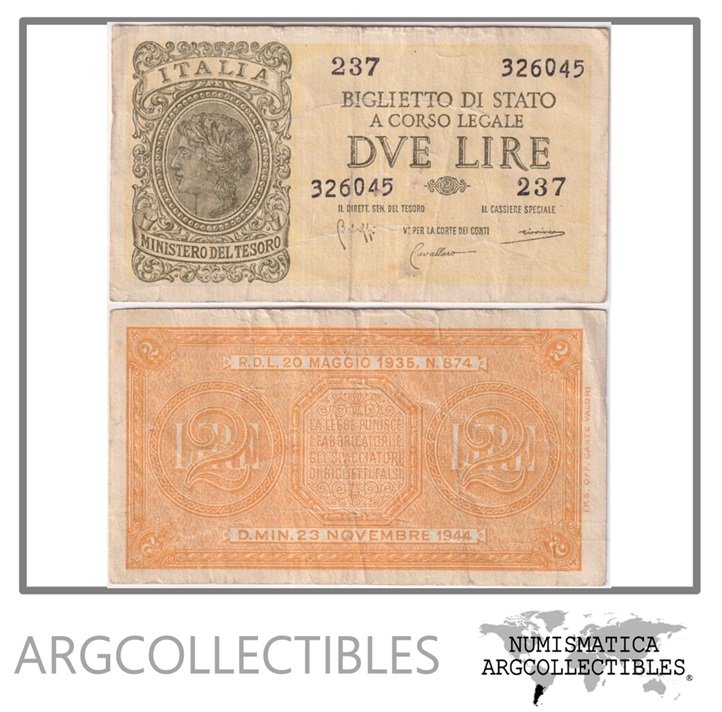 Italia Billete 2 Liras 1944 P-30b VF
