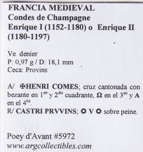 Francia Medieval Moneda Ve denier Condes de Champagne Enrique I (1152-1180) Poey d´Avant#5972 - Imagen 2