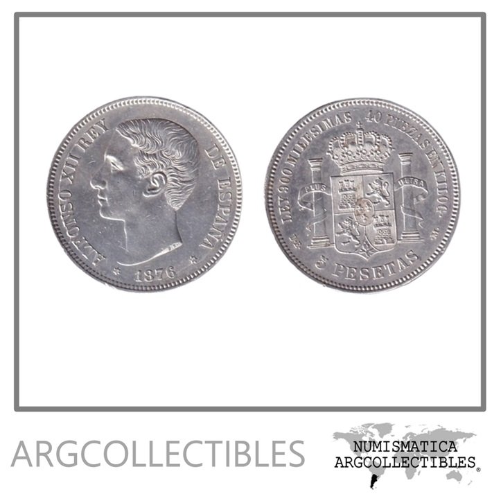 España Moneda 5 Pesetas 1876 Plata 900 Alfonso XII KM-671 AU
