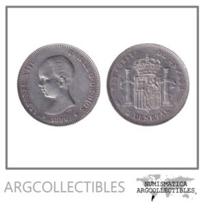 España Moneda 5 Pesetas 1890 MP M Plata 900 Alfonso XIII KM-689 VF+
