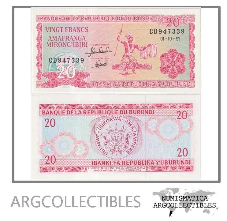 Burundi Billete 20 Francos 1991 P-27c UNC