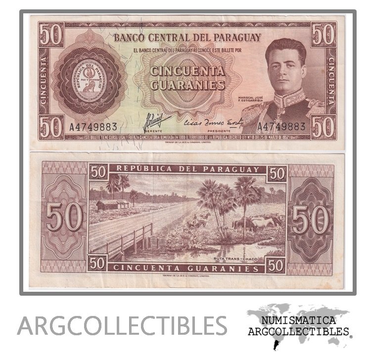 Paraguay Billete 50 Guaranies 1963 P-197a(2)/MC213.b1 VF+ (Firmas Villamayor-Acosta)