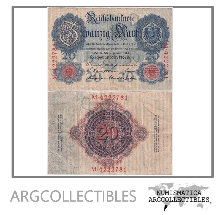 Alemania Billete 20 Marcos 1914 P-46a VF