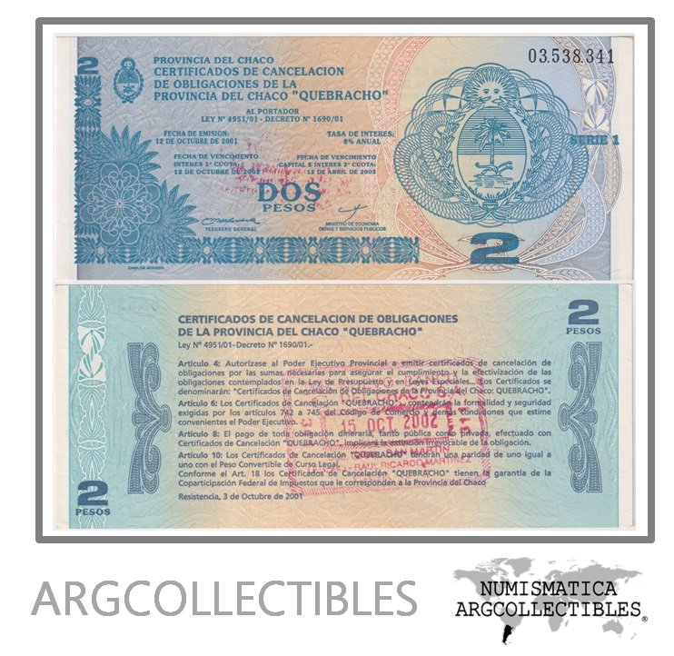 Argentina Billete 2 pesos 2001 EC-242 UNC (Chaco Quebracho) (Cancelado)