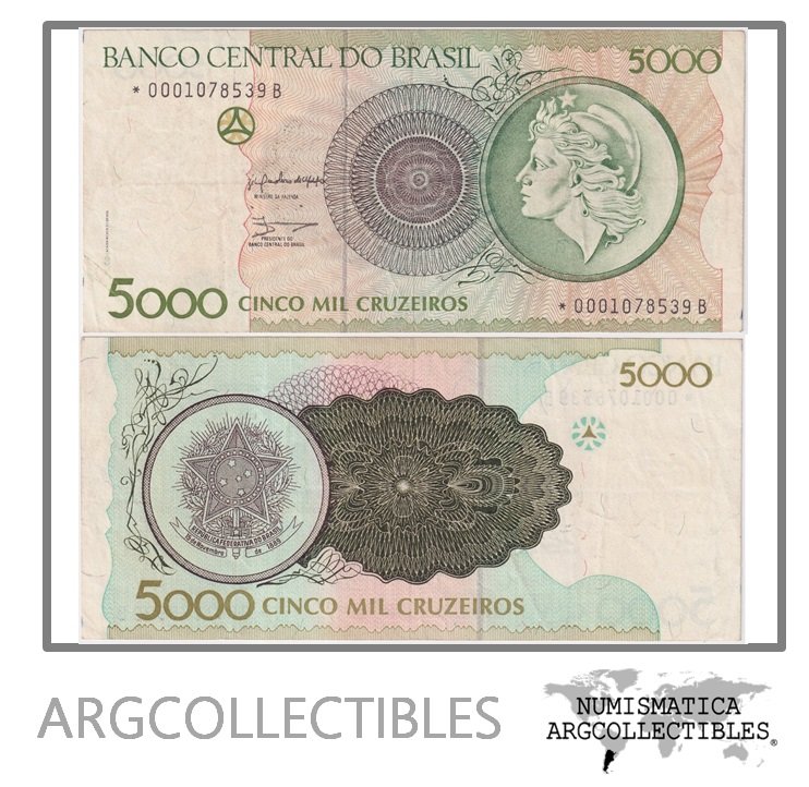 Brasil Billete 5.000 Cruzeiros 1990 P-227/C-222* VF+ (Reposicion)