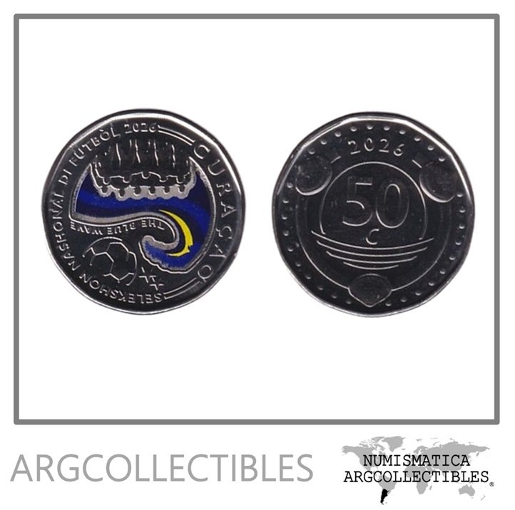 Curacao Moneda 50 Centavos 2026 Acero Color Mundial Futbol La Ola Azul UNC
