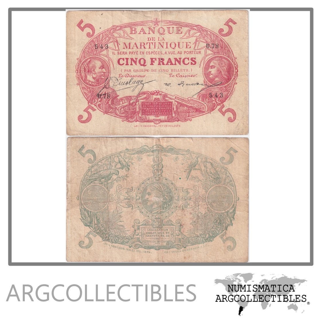 Martinica Billete 5 Francos 1903 P-6A VF