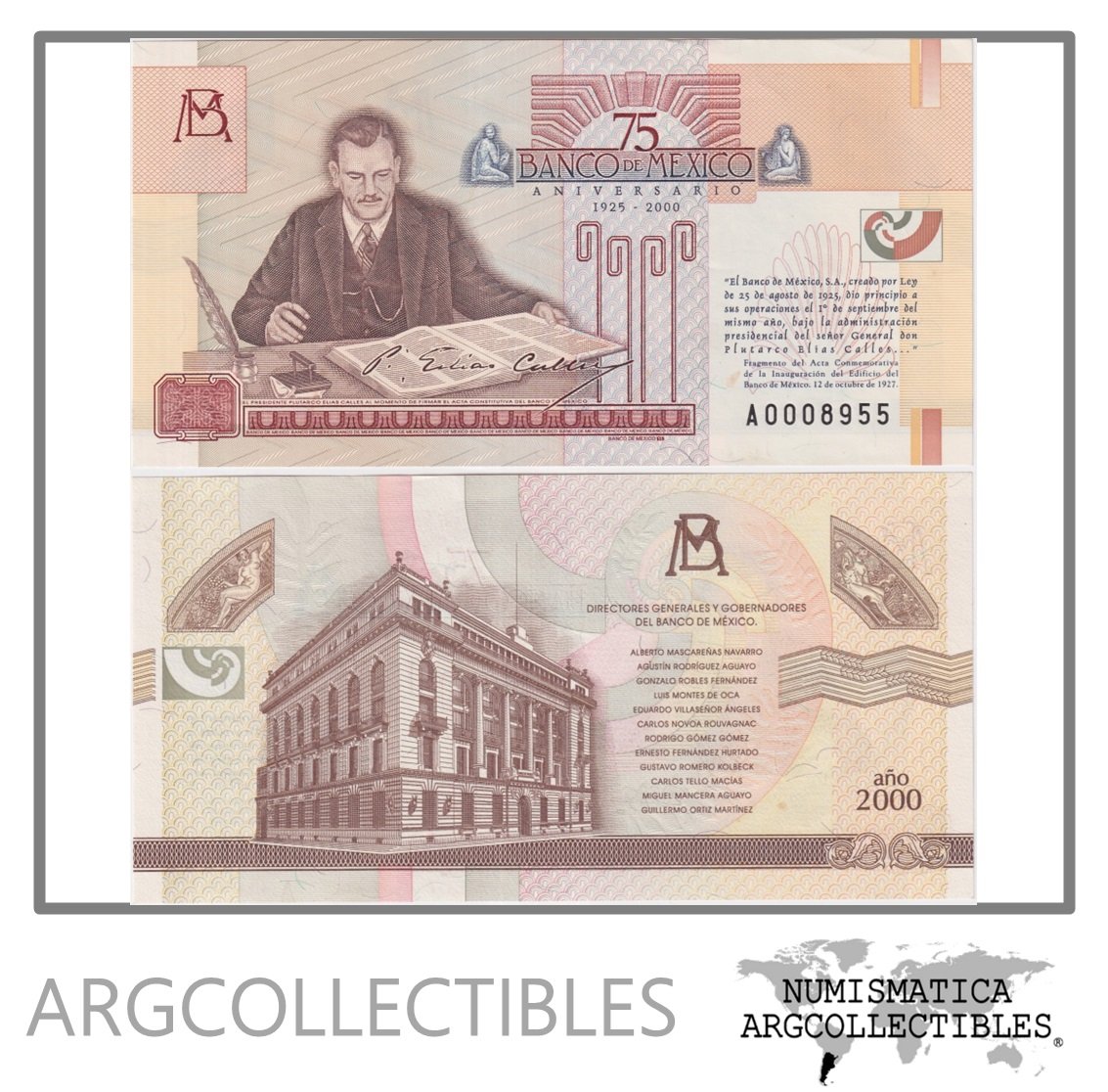 Mexico Billete 75 Aniversario Año 2000 Specimen Conmemorativo UNC