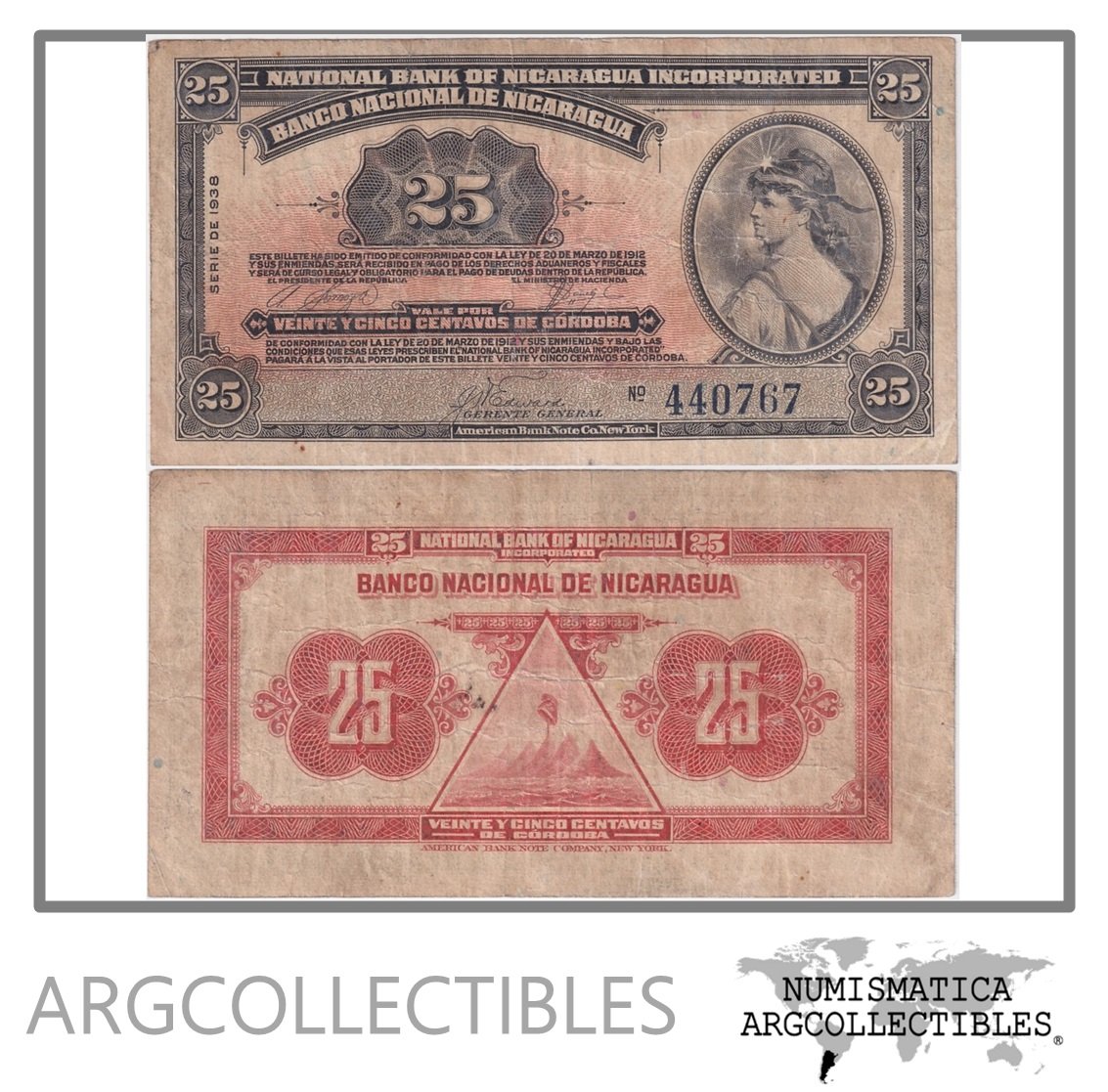 Nicaragua Billete 25 Centavos 1938 P-88b VF