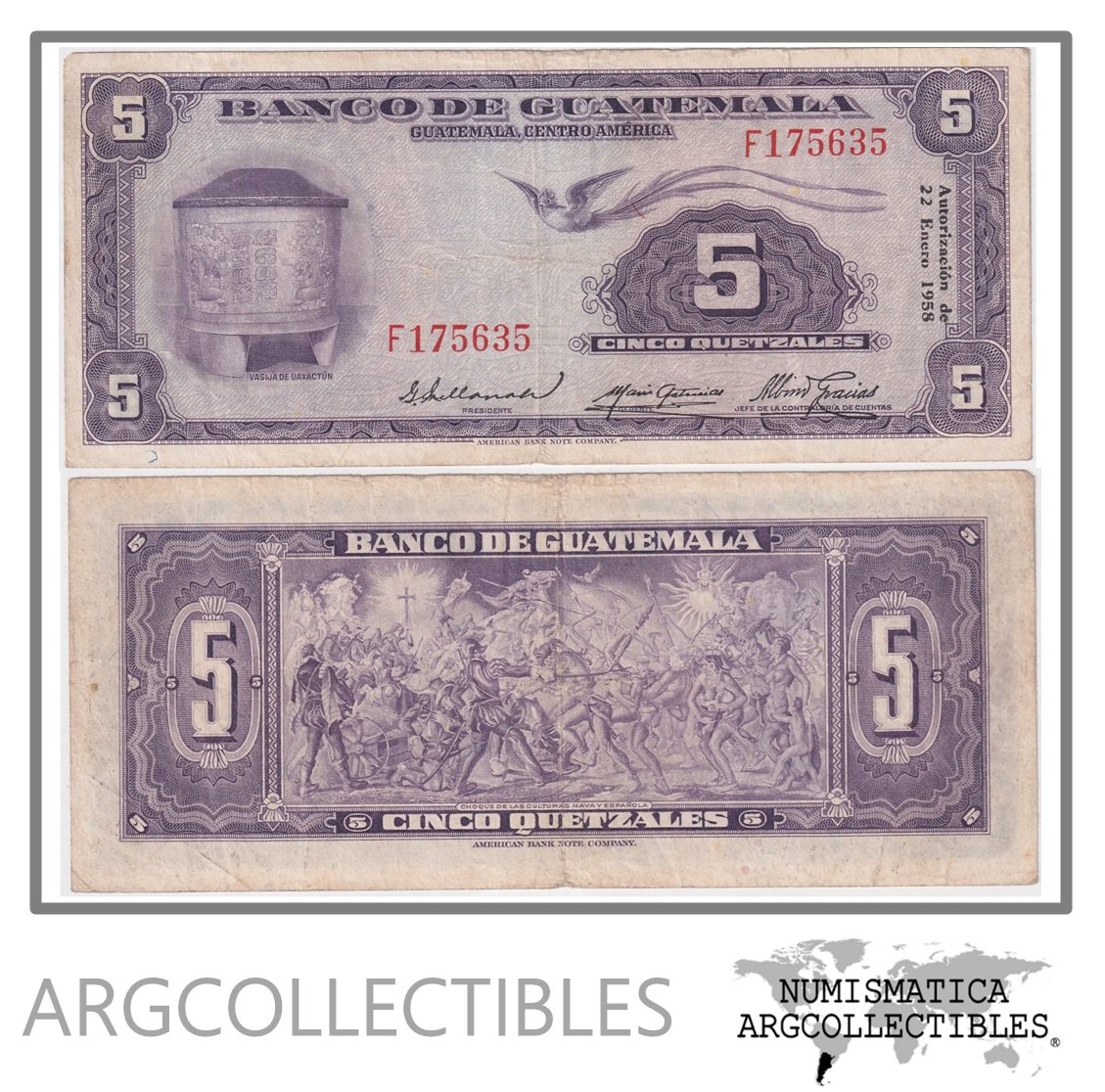 Guatemala Billete 5 Quetzales 1958 P-37 VF (Serie F)