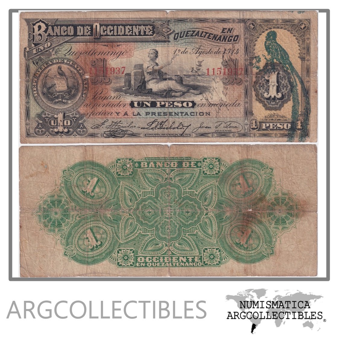 Guatemala Billete 1 Peso 1914 P-S-173 F+ (Escrito) (Banco de Occidente)