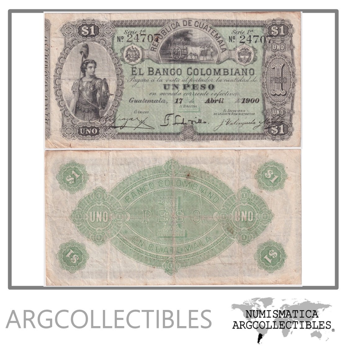 Guatemala Billete 1 Peso 1900 P-S-121b VF (Banco Colombiano)