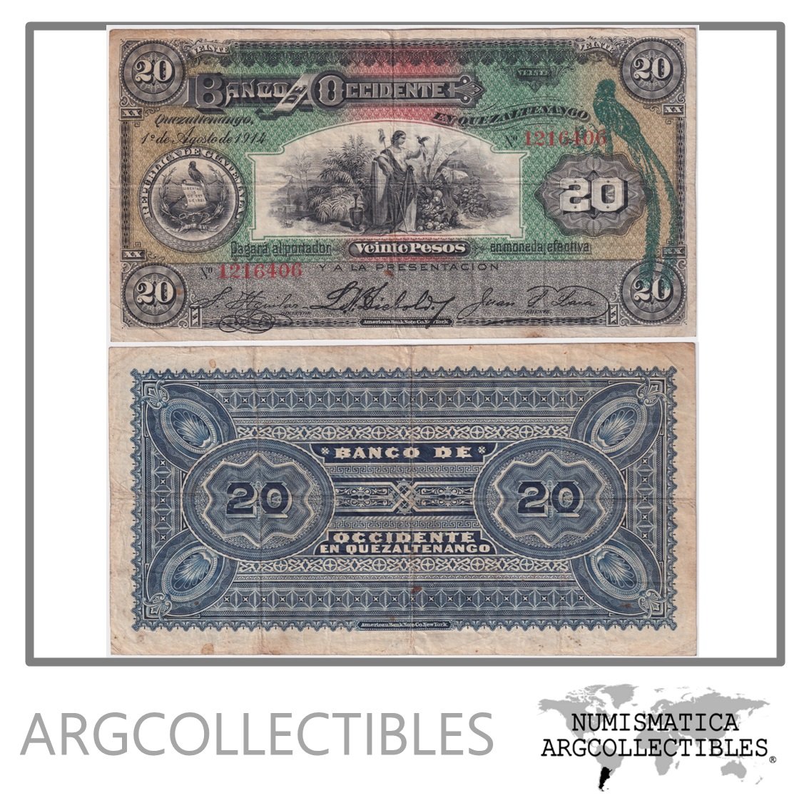 Guatemala Billete 20 Pesos 1914 P-S-179 VF (Banco de Occidente)