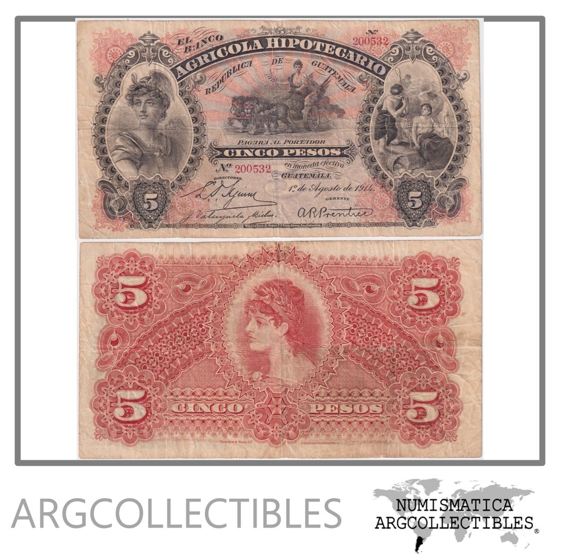 Guatemala Billete 5 Pesos 1914 P-S-102c VF (Banco Agricola Hipotecario)