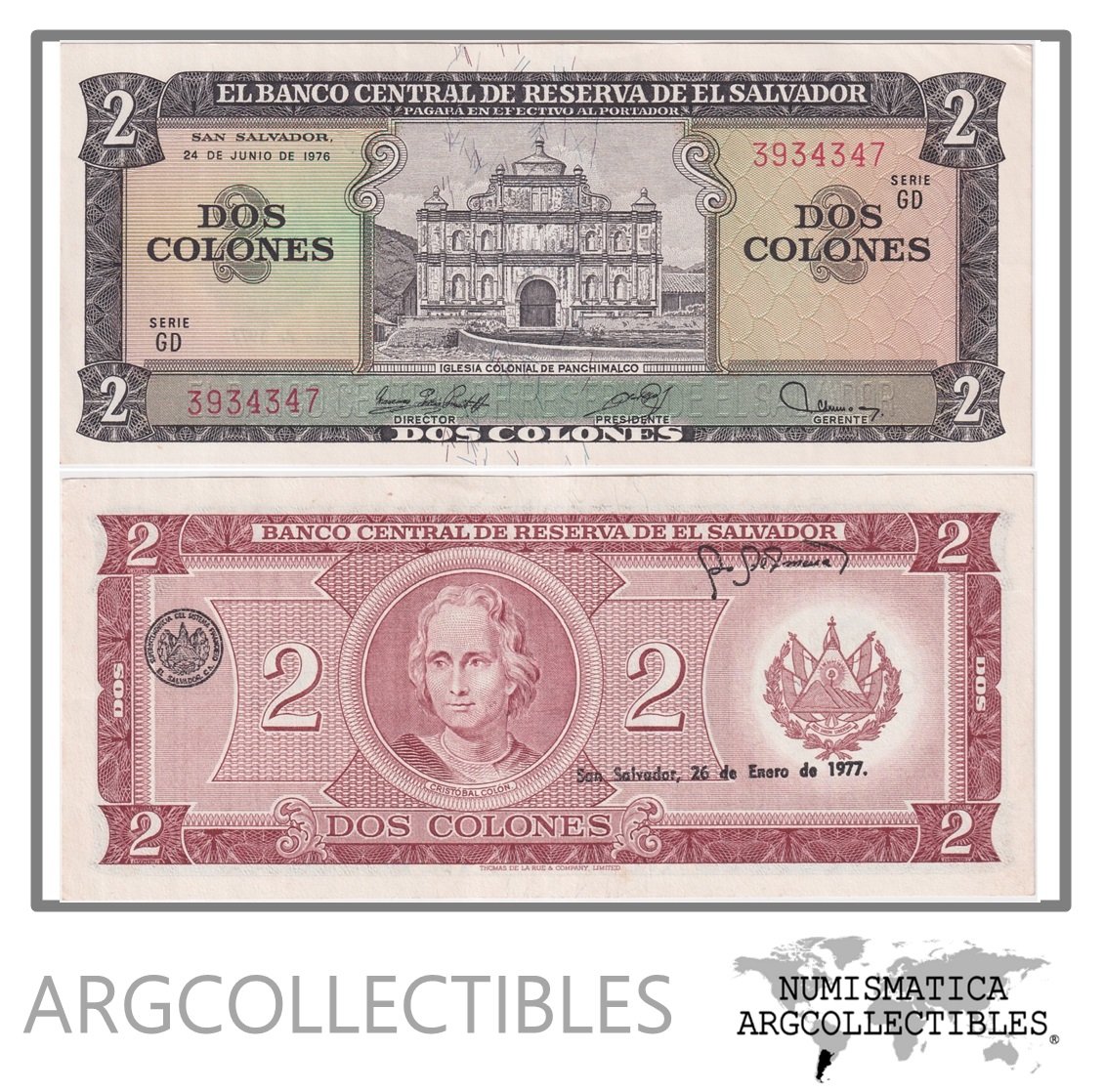El Salvador Billete 2 Colones 1976 P-124 AU (Serie GD)