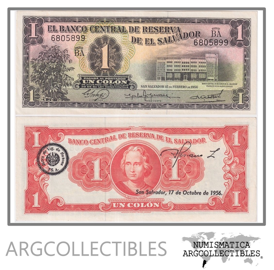 El Salvador Billete 1 Colon 1956 P-90b UNC (Serie BA)