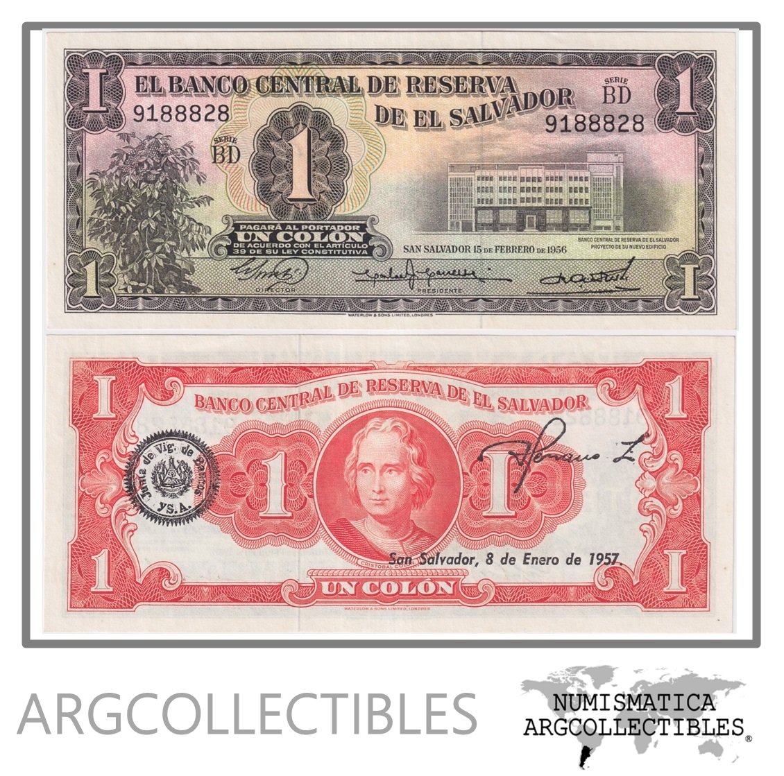 El Salvador Billete 1 Colon 1956 P-90b UNC (Serie BD)