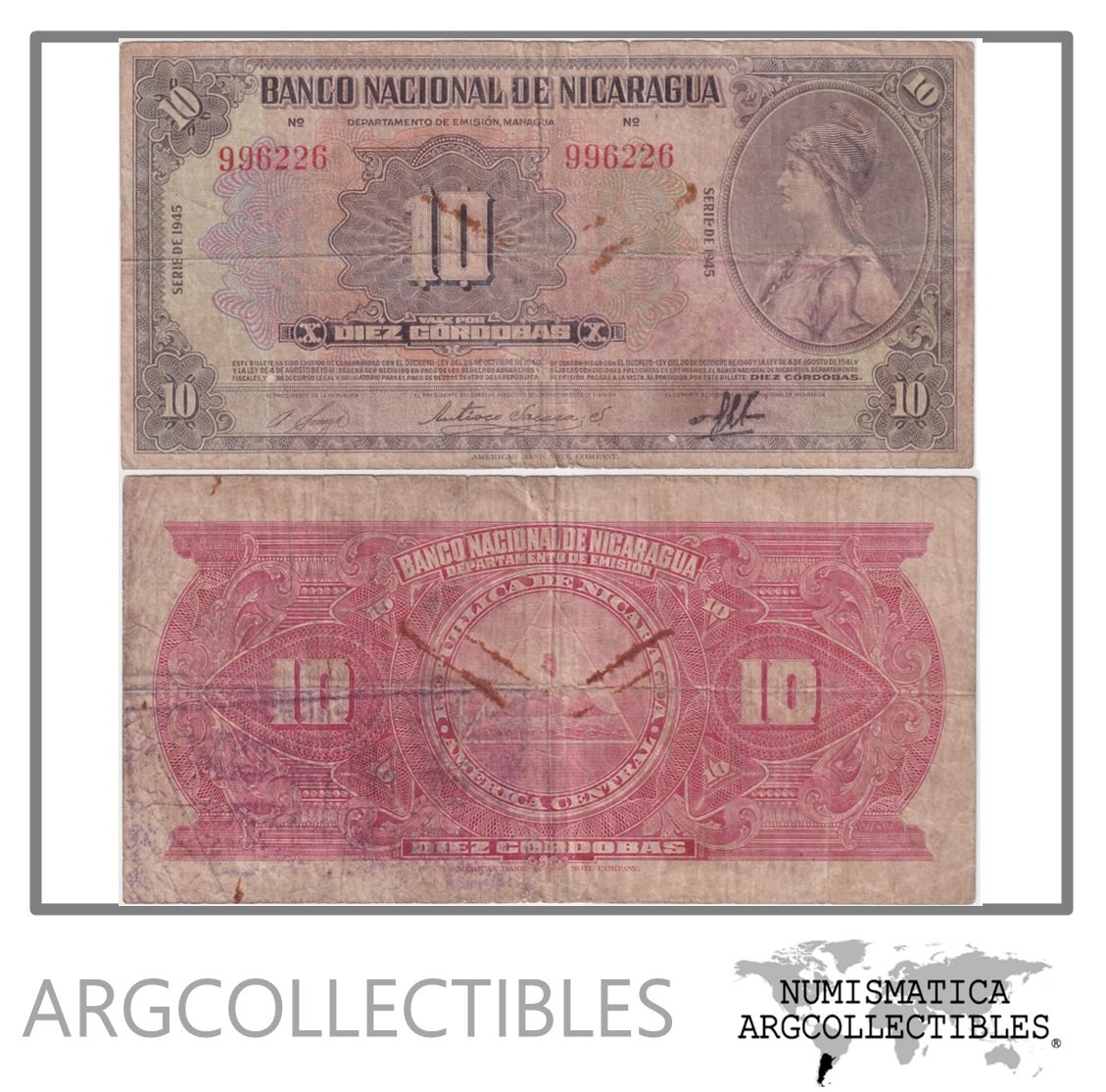 Nicaragua Billete 10 Cordobas 1945 P-94b F